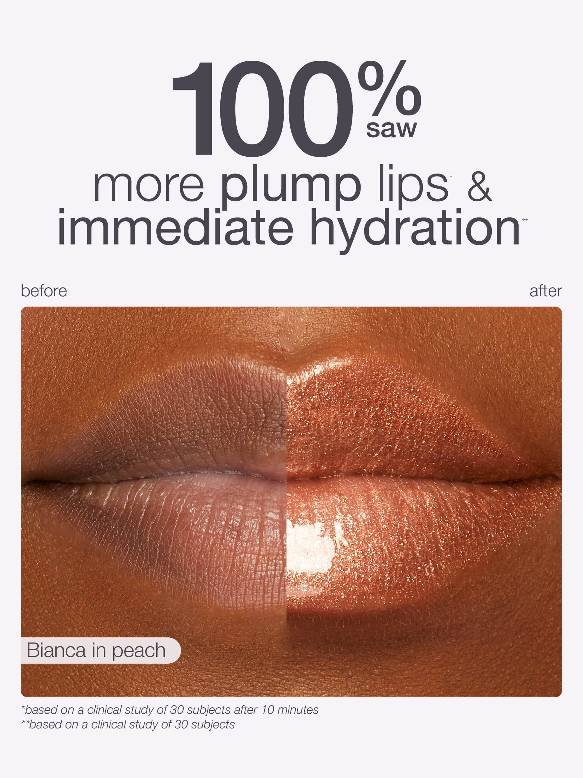 Lipstick comparison showing 'before' and 'after' effects with text about plump lips and hydration with maracuja juicy lip plump