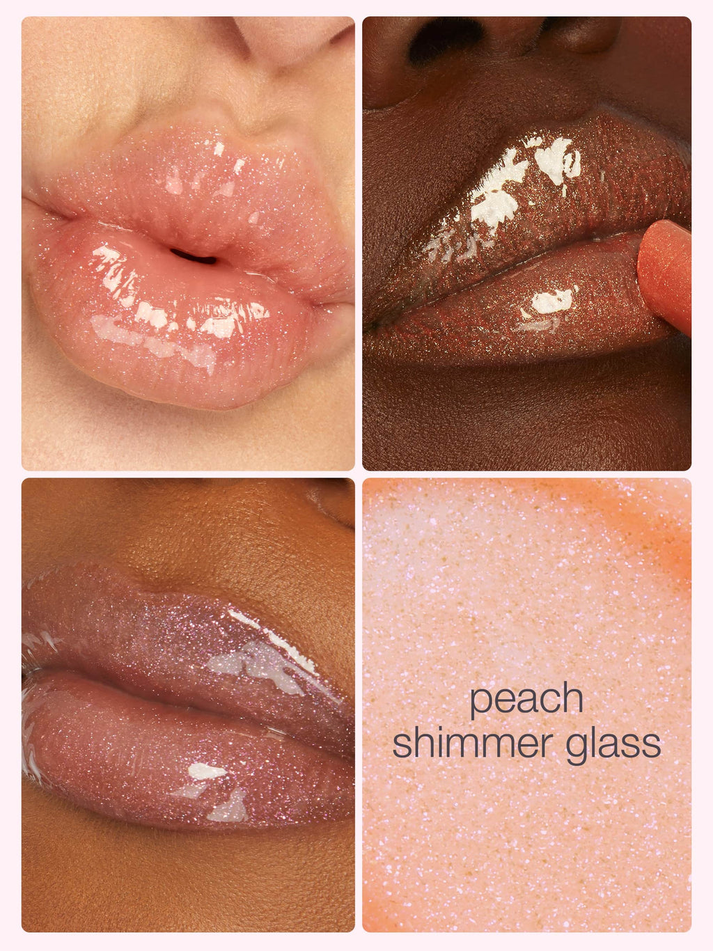 Collage of lip swatches with 'peach shimmer glass' maracuja juicy lip plump