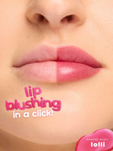 Close-up of lips with a pink lip color swatch and text 'lip blushing in a click!' on a beige background.