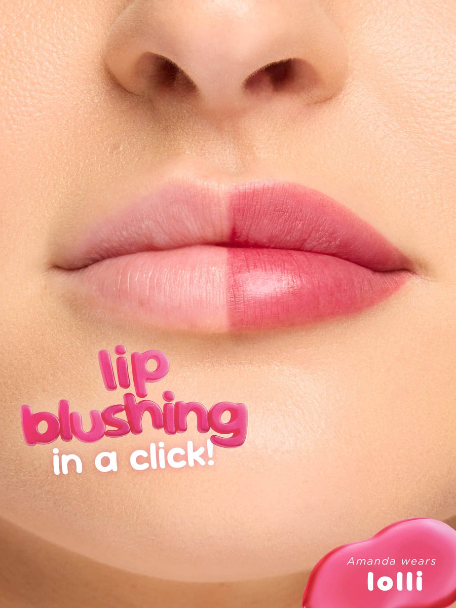 Close-up of lips with a pink lip color swatch and text 'lip blushing in a click!' on a beige background.