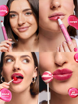 Collage of a woman applying pink lipstick with product packaging and text overlay.