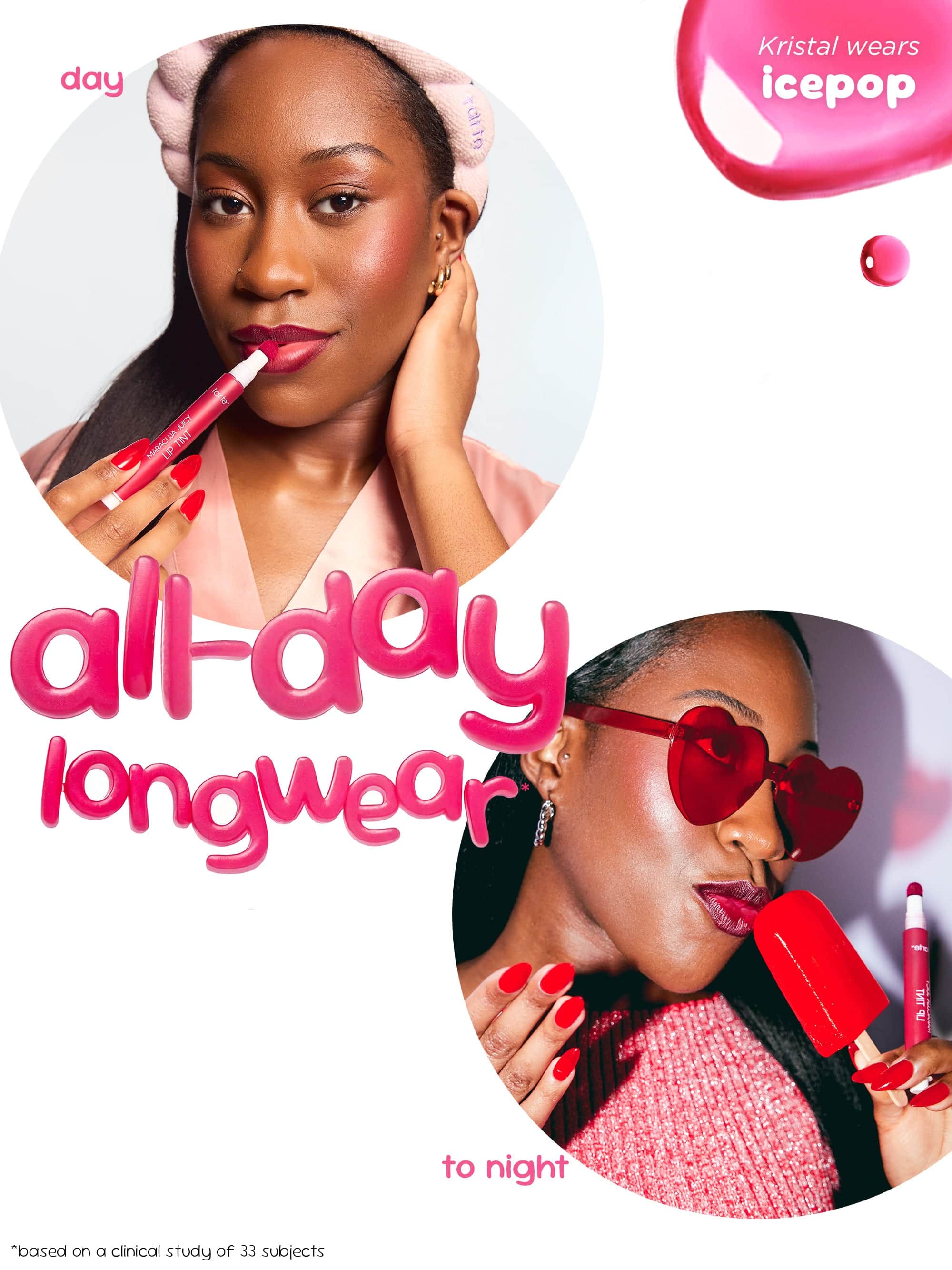 Advertisement for a makeup product with a woman applying lipstick and wearing sunglasses, featuring the text 'all-day longwear' and 'Kristal wears Icepop'.
