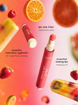 Lip tint with superfruit complex and maracuja oil on a colorful background with fruits.