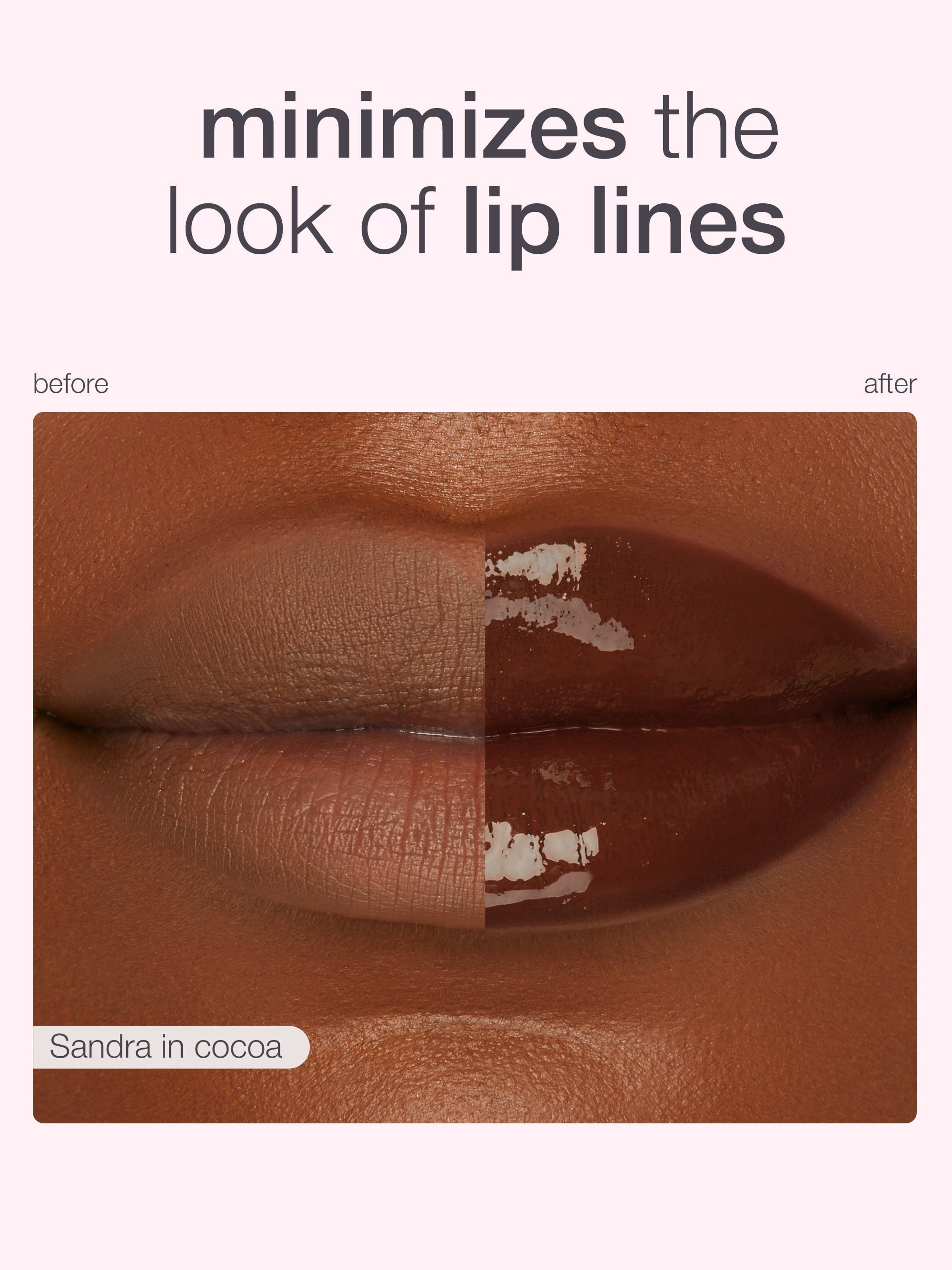 Before and after comparison of lip product application on a brown background