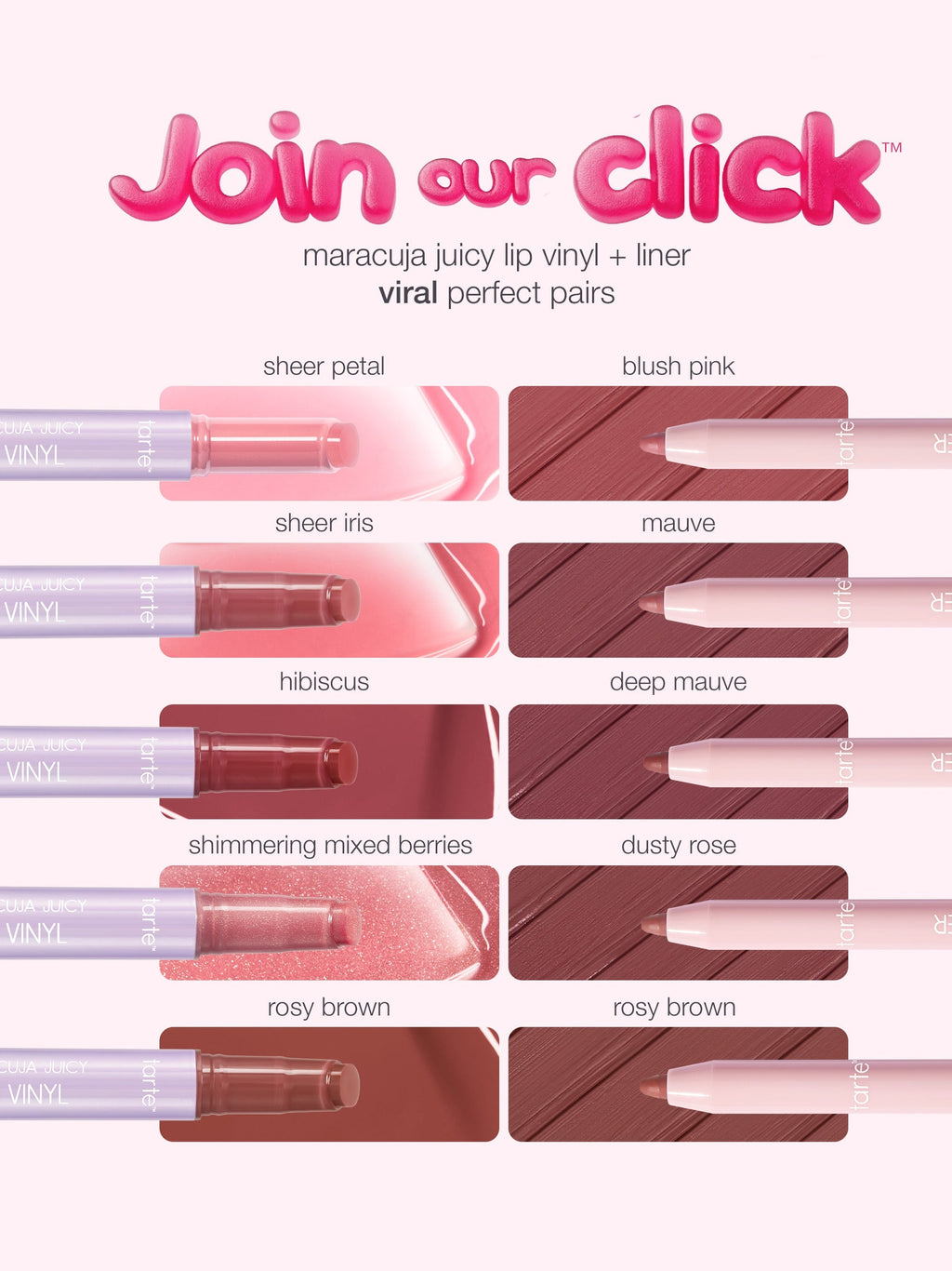Color swatches of Maracuja Juicy lip vinyl and liner with product names.