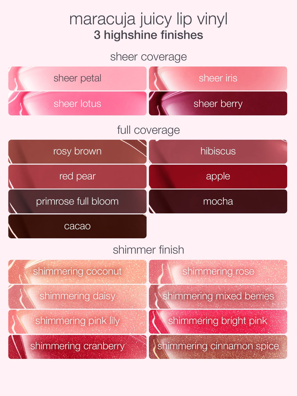 Color swatches of lip vinyl finishes with names on a white background