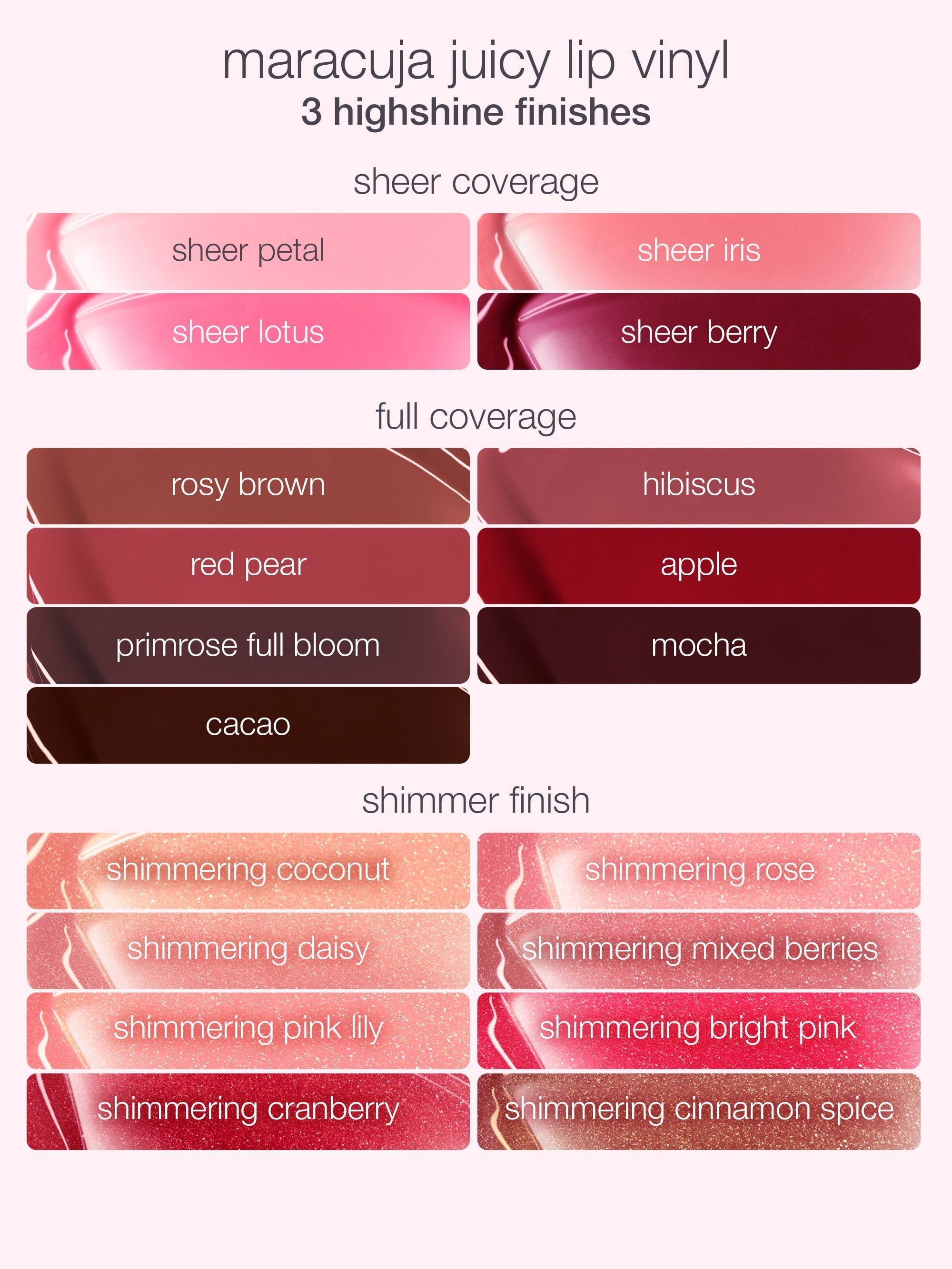 Color swatches of lip vinyl finishes with names on a white background