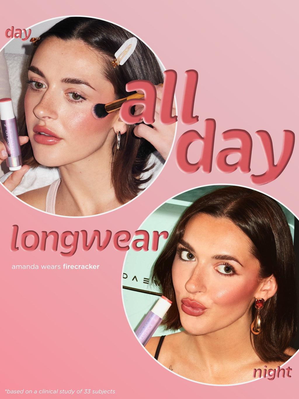 Makeup advertisement with two women applying makeup, featuring the text 'all day' and 'longwear'.