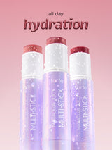 Tarte Multi-Stick lip products on a pink background with 'all day hydration' text.