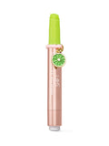 Makeup tool with green top and rose gold body on a white background
