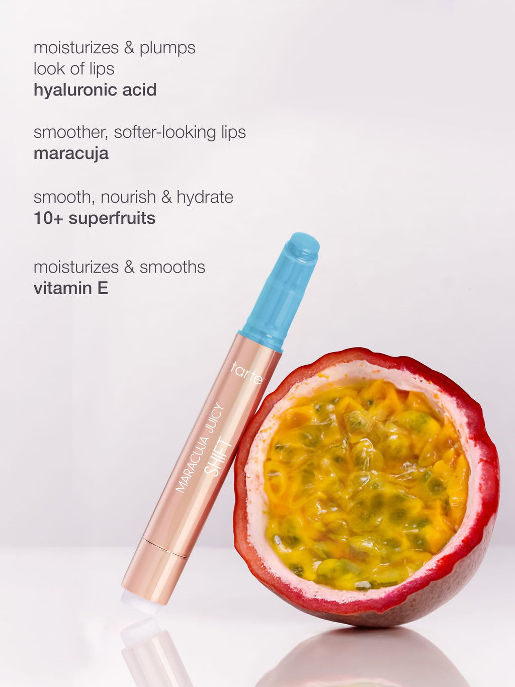 Cosmetic product with maracuja and vitamin E text on a white background