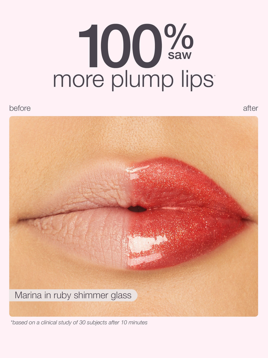 Lipstick application showing '100% more plump lips' before and after effect on a white background.