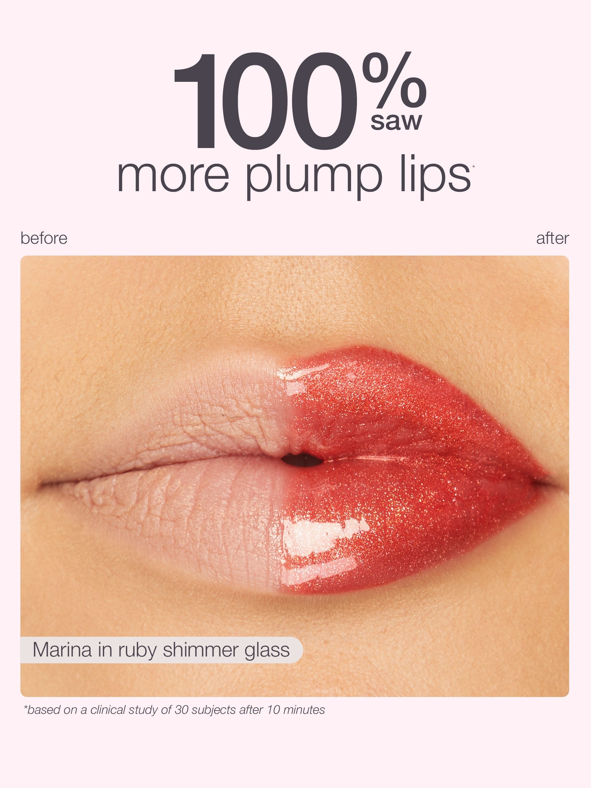 Lipstick application showing '100% more plump lips' before and after effect on a white background.
