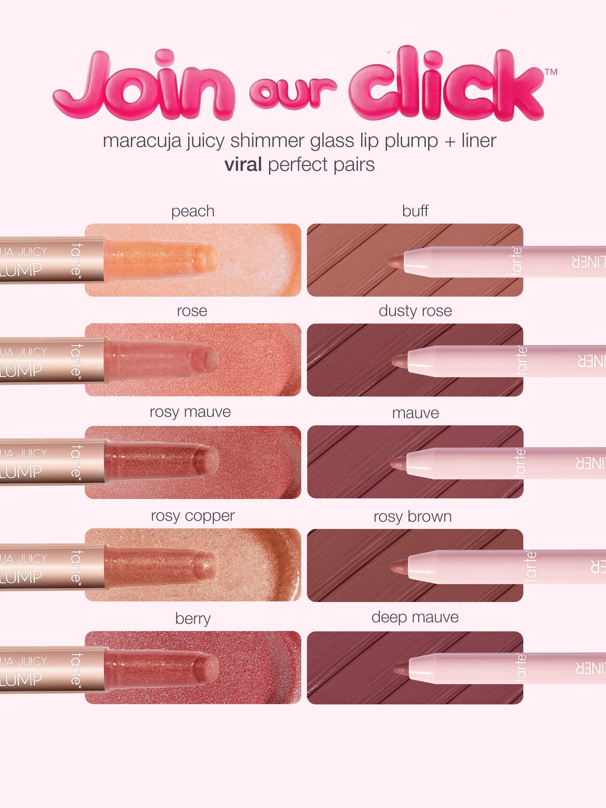 Lip product swatches with color names and 'Join our click' text
