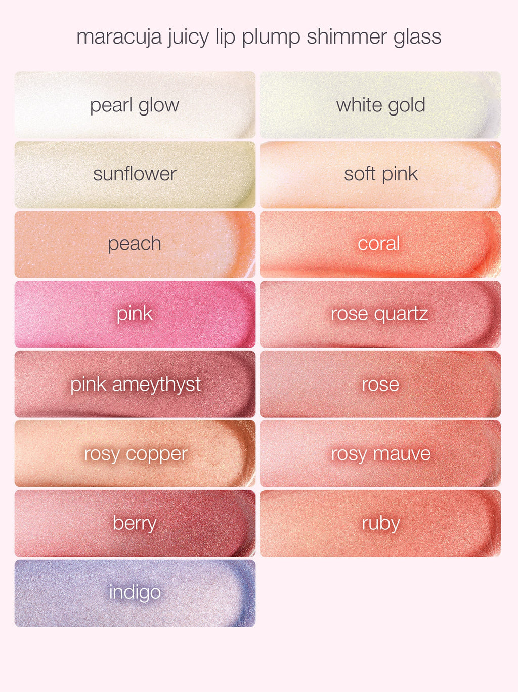 Color swatches of a lip plump shimmer glass with names below each swatch.