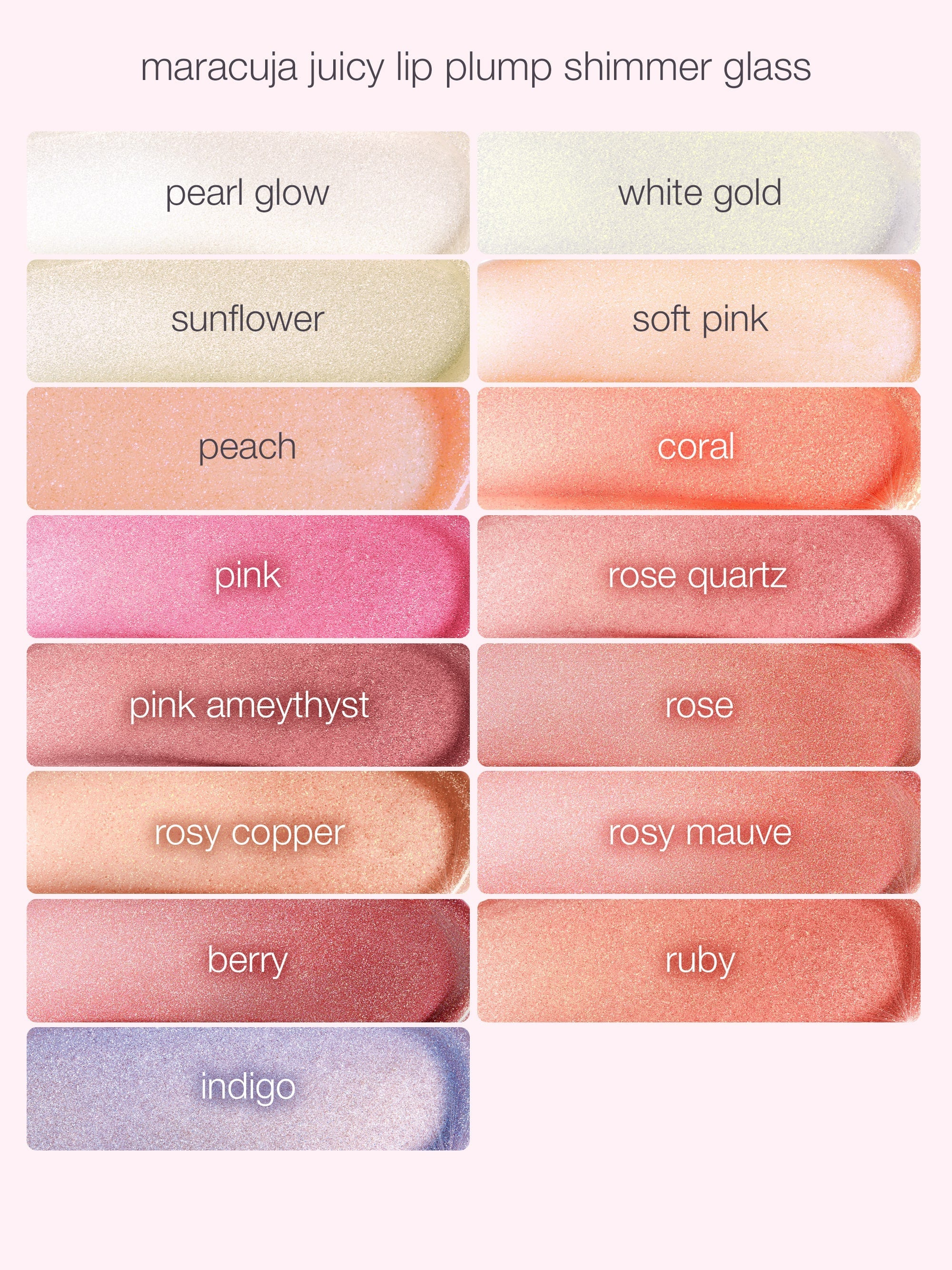 Color swatches of a lip plump shimmer glass with names below each swatch.