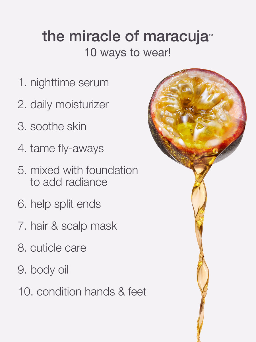 Illustration of a maracuja fruit with a droplet of juice and text listing '10 ways to wear' on a white background.