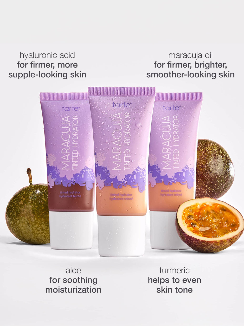 Tarte Maracuja Tinted Moisturizer with ingredients listed on a white background