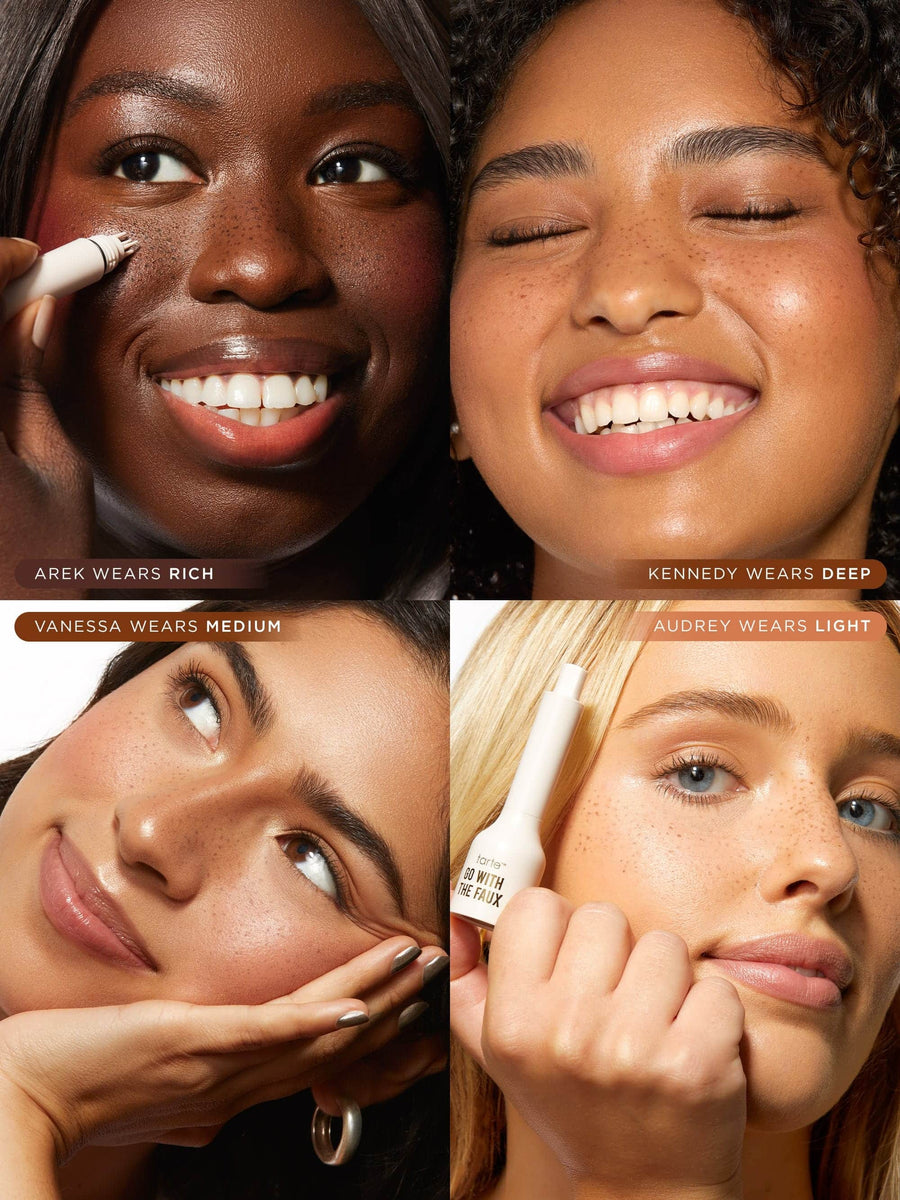 Makeup stick and four women's faces — applying or smiling — studio close-up highlighting diverse skin tones, dewy finish and freckles.

Text present: AREK WEARS RICH; KENNEDY WEARS DEEP; VANESSA WEARS MEDIUM; AUDREY WEARS LIGHT