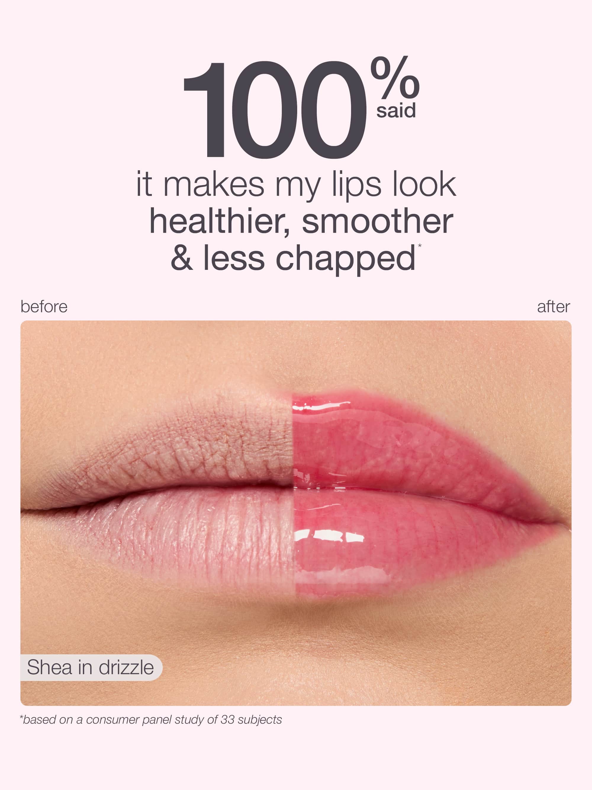 Lip gloss advertisement showing a close-up of lips with and without lip gloss, labeled 'Shea in drizzle'.