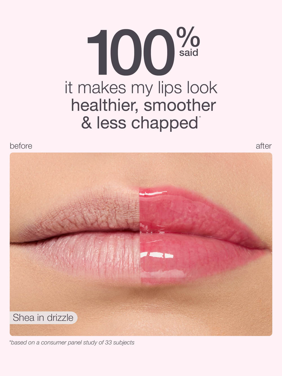 Lip gloss advertisement showing a close-up of lips with and without lip gloss, labeled 'Shea in drizzle'.