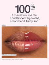 Lip product advertisement showing a before-and-after comparison of lips with a glossy finish.