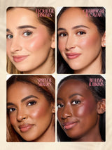 Four women with different skin tones wearing tarte double ended multi sticks on a beige background.