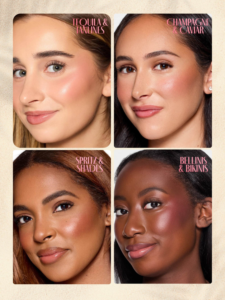 Four women with different skin tones wearing tarte double ended multi sticks on a beige background.