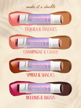 Four tarte double ended multi sticks with names and color swatches on a beige background