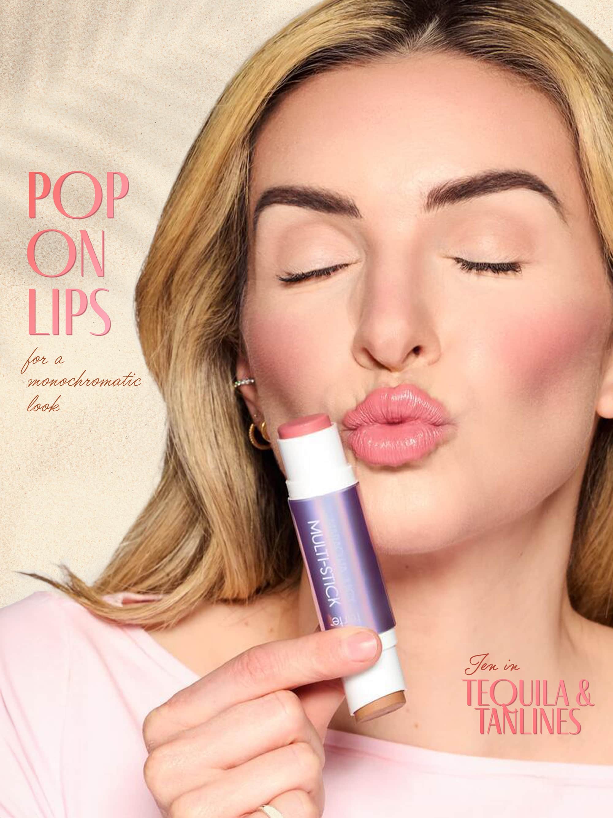 Woman applying tarte double ended multi stick with text about lip color and brand.