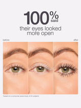 Before and after comparison of eye makeup application with text indicating results.