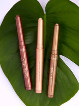 Three tarte Quick Stick lip products on a green leaf