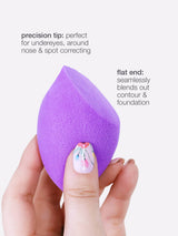 Purple makeup sponge held by a hand with text describing its use.