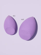 Two purple makeup sponges labeled 'dry' and 'wet' on a light purple background