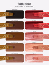 Set of brown makeup products with color labels on a white background