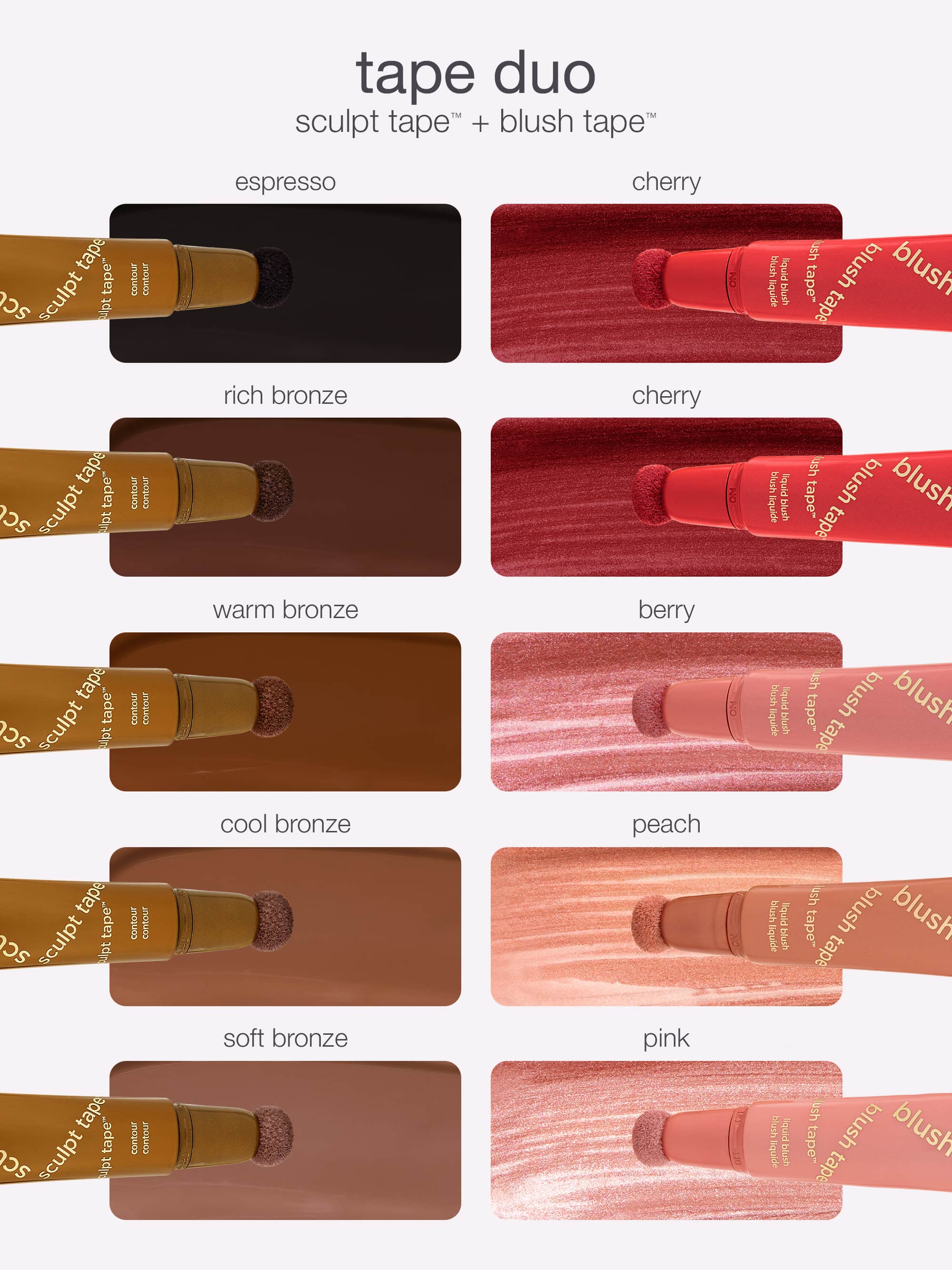 Set of brown makeup products with color labels on a white background