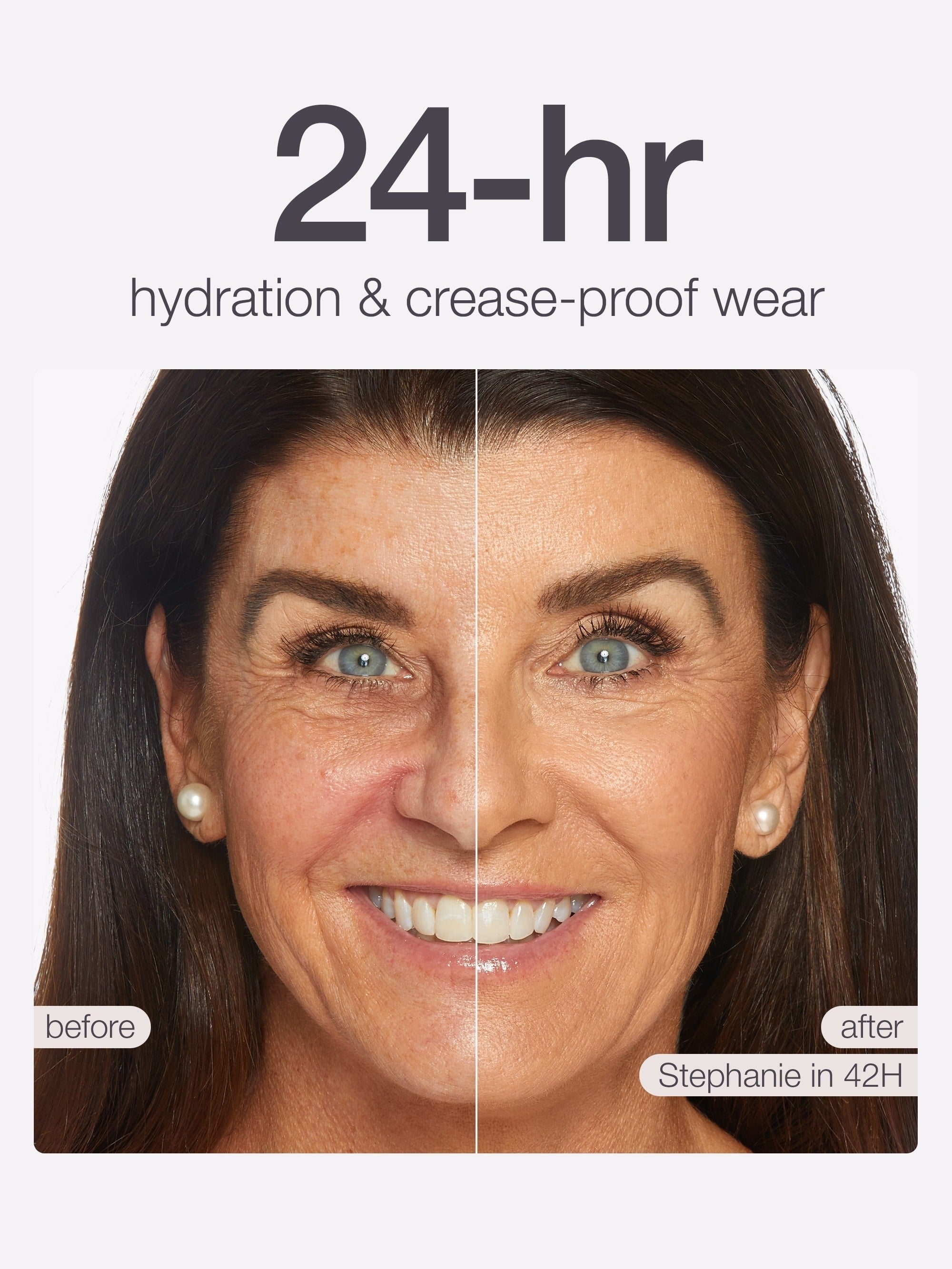 Before and after comparison of a woman's face with text indicating 24-hour hydration and crease-proof wear. using Tarte shape tape cloud coverage 