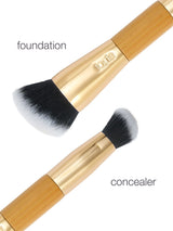 Two makeup brushes with gold handles labeled 'foundation' and 'concealer' on a white background.