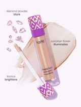 Makeup product with decorative cap and text describing color effects on a white background