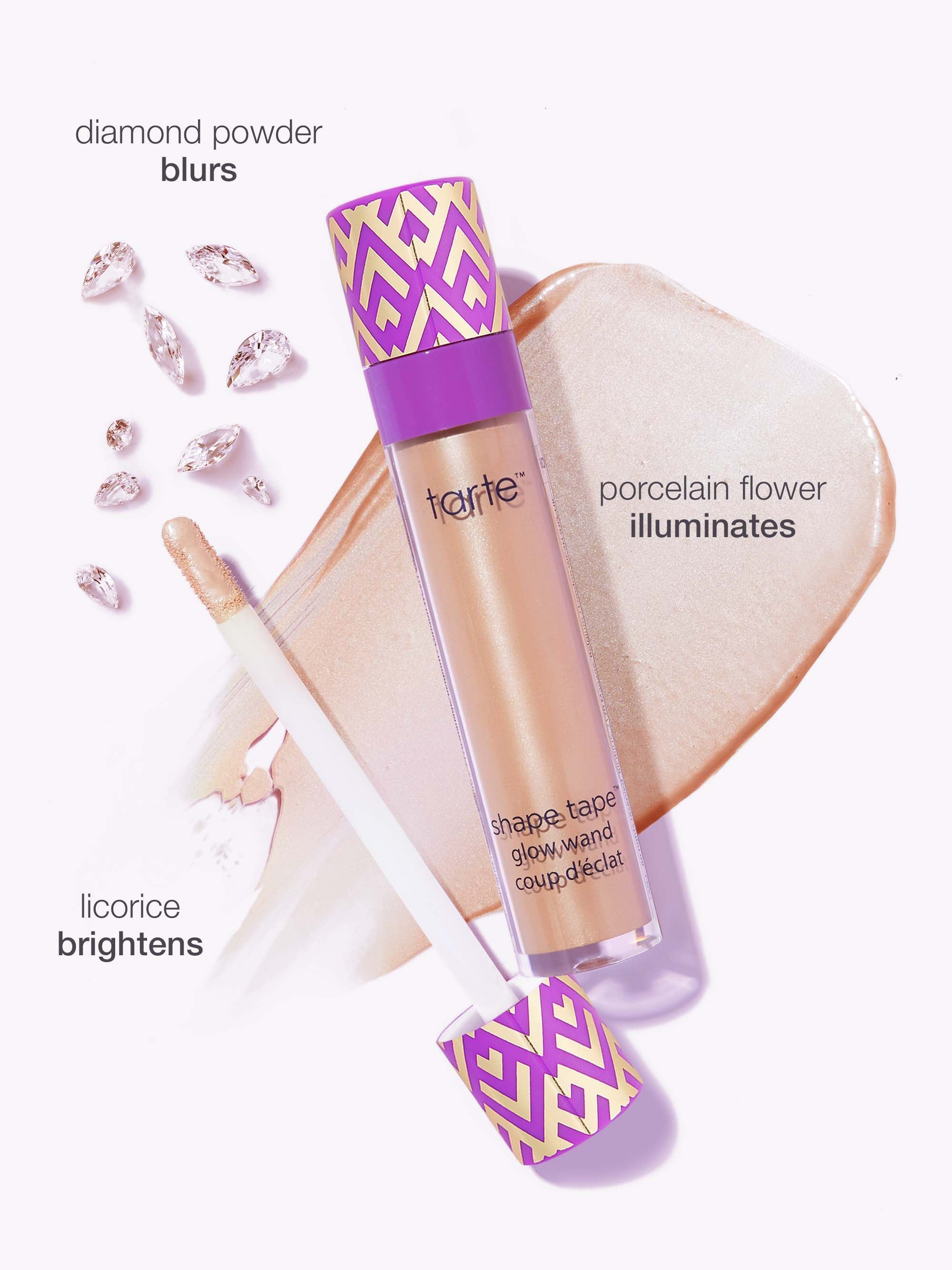 Makeup product with decorative cap and text describing color effects on a white background