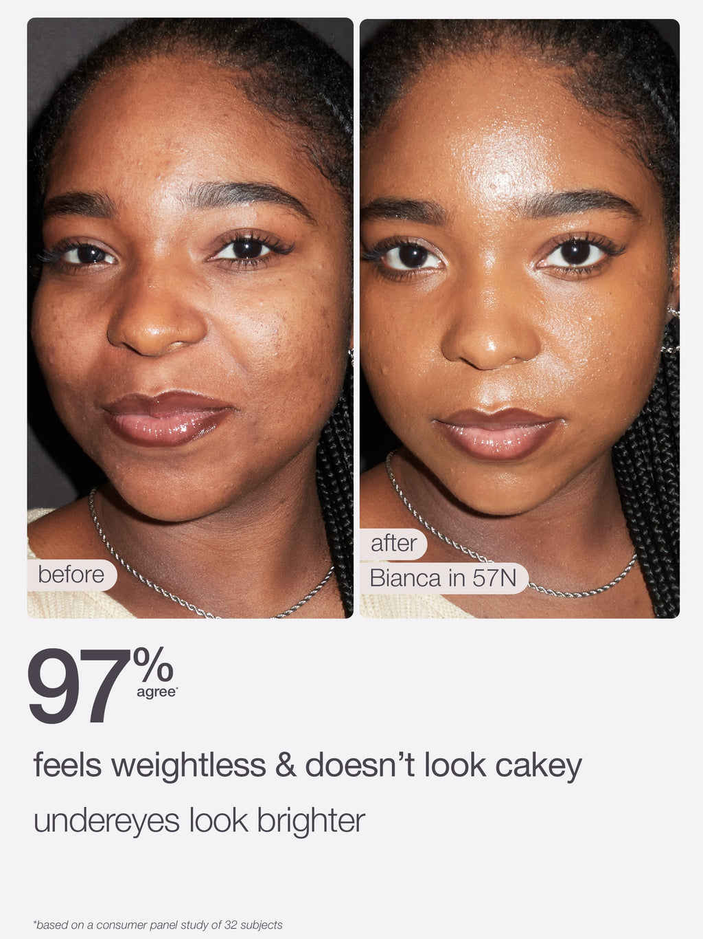 Before and after comparison of a woman's face with text indicating product effectiveness.