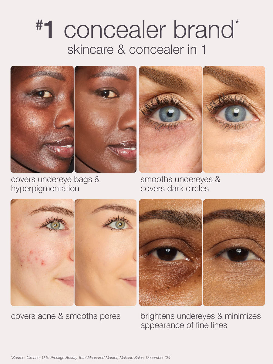Multiple close-up face panels showing concealer visibly reducing under-eye bags, dark circles, hyperpigmentation, acne, pores, and fine lines across diverse skin tones.

#1 concealer brand* skincare & concealer in 1
covers undereye bags & hyperpigmentation
smooths undereyes & covers dark circles
covers acne & smooths pores
brightens undereyes & minimizes appearance of fine lines
*Source: Circana, U.S. Prestige Beauty Total Measured Market, Makeup Sales, December '24