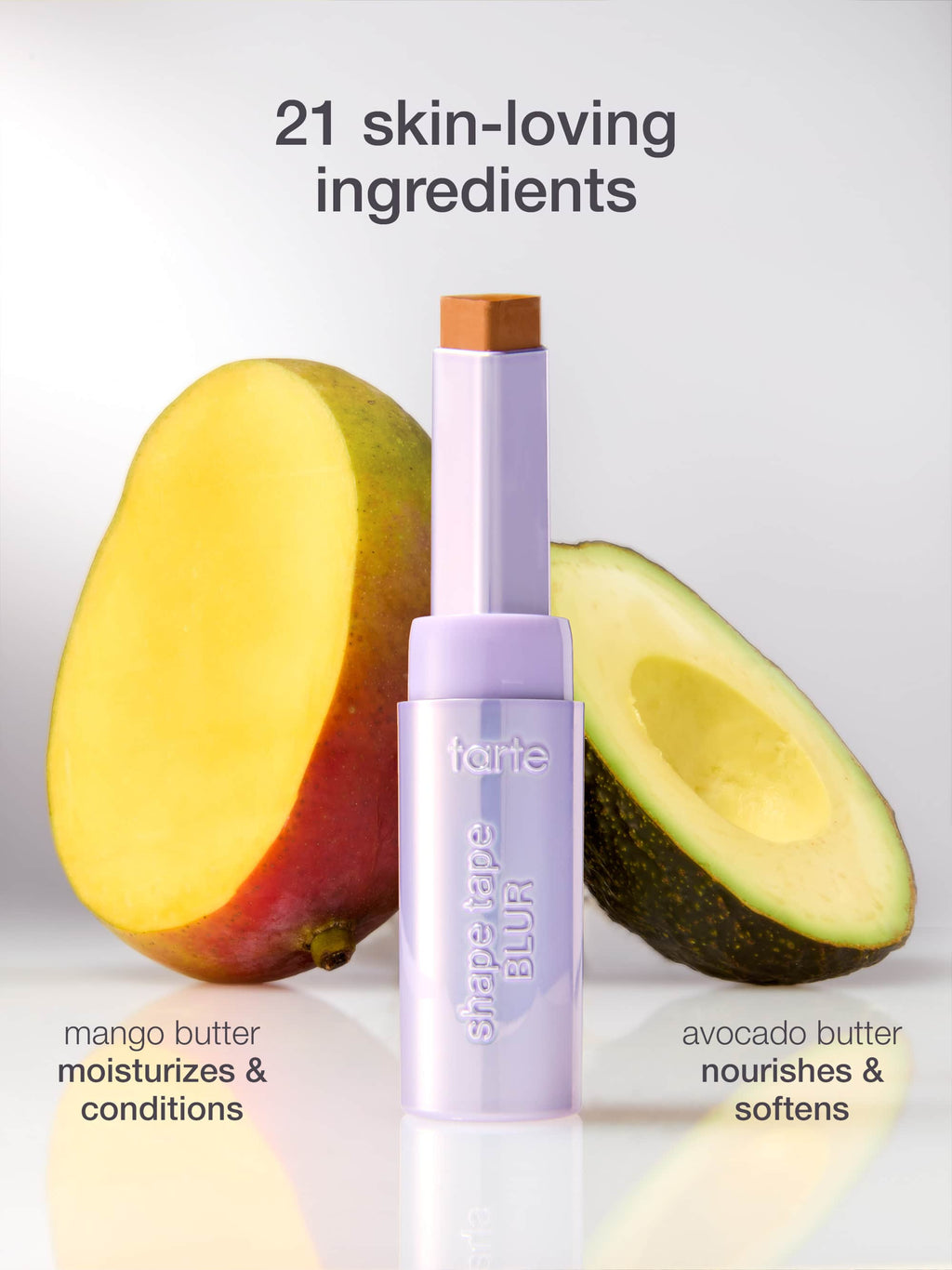 Futuro skincare product with mango and avocado on a light gray background