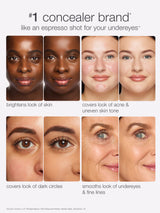 Advertisement for a concealer brand with before and after effects on skin.