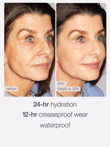 Before and after comparison of a woman's face with cosmetic product effects.