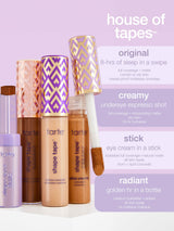 Tarte shape tape products with text describing features on a white background