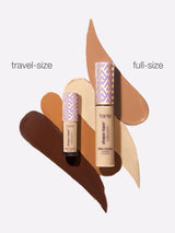 Two tarte products, one travel-size and one full-size, on a white background with brown and beige color swatches.