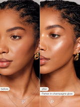 Side-by-side comparison of a woman's face with and without makeup, highlighting the 'Parker in champagne glow' effect.