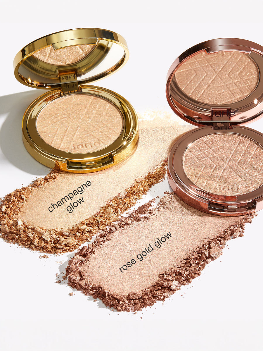 Two open compacts of bronzer with 'champagne glow' and 'rose gold glow' text on a white background.