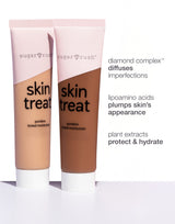 Two tubes of 'skin treat' moisturizer with text detailing ingredients on a white background.
